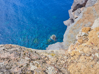 Beautiful mountain and coast scenery on Panarea hiking trails, Aeolian islands, Sicily, Italy
