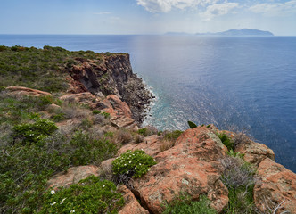 Beautiful mountain and coast scenery on Panarea hiking trails, Aeolian islands, Sicily, Italy
