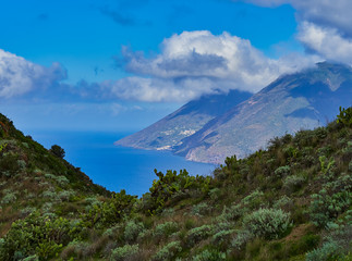 The Island of Salina seen from Lipari, Aeolian islands, Sicily, Italy
