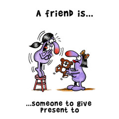 Woman is scared of a teddy bear and standing a chair