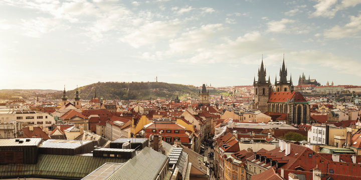 Aerial, panoramic view of Prague old town at the sunset