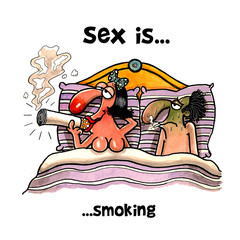 Woman is smoking big cigarette on bed while man smoking a small one - 201041310