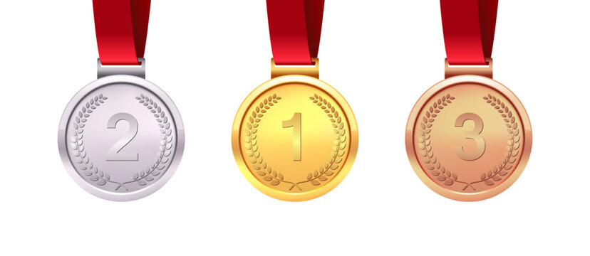 A set of gold, silver and bronze medals. Medal winners. Isolated on white background. Vector illustration.