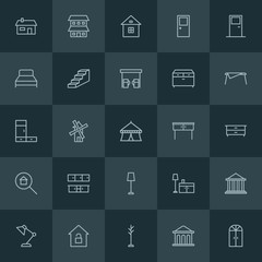 Modern Simple Set of buildings, furniture Vector outline Icons. ..Contains such Icons as lamp, entrance,  key,  security,  lock,  table and more on dark background. Fully Editable. Pixel Perfect.
