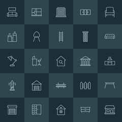 Modern Simple Set of buildings, furniture Vector outline Icons. ..Contains such Icons as  comfortable, architecture,  business,  real, sofa and more on dark background. Fully Editable. Pixel Perfect.