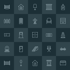 Modern Simple Set of buildings, furniture Vector outline Icons. ..Contains such Icons as bed,  crib,  security,  house, prison,  door,  burn and more on dark background. Fully Editable. Pixel Perfect.