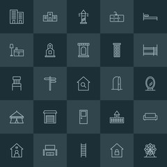 Modern Simple Set of buildings, furniture Vector outline Icons. ..Contains such Icons as  step,  medieval,  city,  tower,  background, lock and more on dark background. Fully Editable. Pixel Perfect.