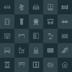 Modern Simple Set of buildings, furniture Vector outline Icons. ..Contains such Icons as  laundry,  cinema,  door,  old,  architecture, sofa and more on dark background. Fully Editable. Pixel Perfect.
