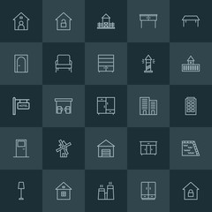 Modern Simple Set of buildings, furniture Vector outline Icons. ..Contains such Icons as  blue,  summer,  desk,  key,  farm,  furniture and more on dark background. Fully Editable. Pixel Perfect.