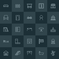 Modern Simple Set of buildings, furniture Vector outline Icons. ..Contains such Icons as  business,  isolated, bathtub,  background, up and more on dark background. Fully Editable. Pixel Perfect.