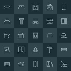 Fototapeta na wymiar Modern Simple Set of buildings, furniture Vector outline Icons. ..Contains such Icons as cabinet, door, business, house, mosque, bank and more on dark background. Fully Editable. Pixel Perfect.