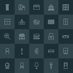 Modern Simple Set of buildings, furniture Vector outline Icons. ..Contains such Icons as bar,  business,  real,  courthouse,  wardrobe, sofa and more on dark background. Fully Editable. Pixel Perfect.
