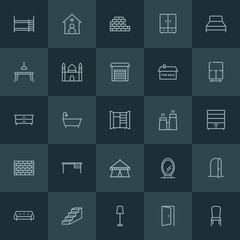 Modern Simple Set of buildings, furniture Vector outline Icons. ..Contains such Icons as bunk,  interior,  bathroom, house,  vintage,  chair and more on dark background. Fully Editable. Pixel Perfect.