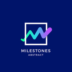 Milestones Line Monogram Abstract Vector Blend Symbol, Sign or Logo Template. Letter M with Bright Colorful Gradient in a Square Frame.