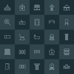 Modern Simple Set of buildings, furniture Vector outline Icons. ..Contains such Icons as  house,  column,  private,  religion,  exterior and more on dark background. Fully Editable. Pixel Perfect.