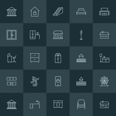 Modern Simple Set of buildings, furniture Vector outline Icons. ..Contains such Icons as  cabinet, desk,  fortress,  work,  table,  wheel and more on dark background. Fully Editable. Pixel Perfect.