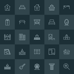 Fototapeta na wymiar Modern Simple Set of buildings, furniture Vector outline Icons. ..Contains such Icons as room, furniture, medieval, house, park, pillar and more on dark background. Fully Editable. Pixel Perfect.