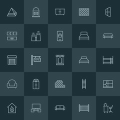 Modern Simple Set of buildings, furniture Vector outline Icons. ..Contains such Icons as  interior,  travel,  couch,  small,  smoke, pattern and more on dark background. Fully Editable. Pixel Perfect.