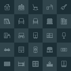 Modern Simple Set of buildings, furniture Vector outline Icons. ..Contains such Icons as  office, office,  glass,  bedroom, home, education and more on dark background. Fully Editable. Pixel Perfect.