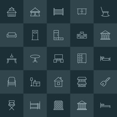 Modern Simple Set of buildings, furniture Vector outline Icons. ..Contains such Icons as chinese,  house,  isolated,  child,  justice, bed and more on dark background. Fully Editable. Pixel Perfect.