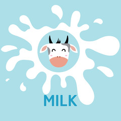 Funny cow head logo template, cartoon vector illustration on blue background.