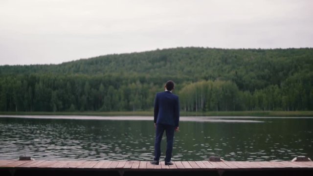 Rear view of businessman looking at picturesque nature landscape. Clip. Rear view of businessman on the lake