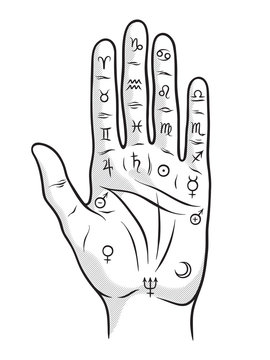 Palmistry or chiromancy hand with signs of the planets and zodiac signs black and white hand drawn design isolated vector illustration.