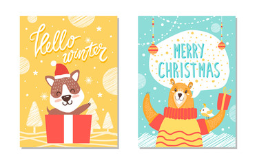 Hello Winter Be Merry Posters Vector Illustration