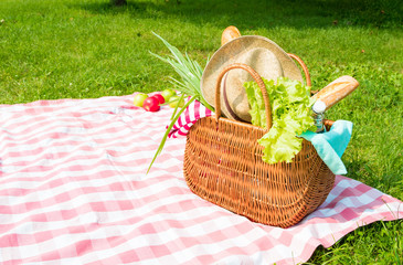 Picnic backet full of food and drinks on checkered tablecloth