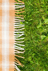 Green grass and checkered beige tablecloth pedimental background for picnic, top view