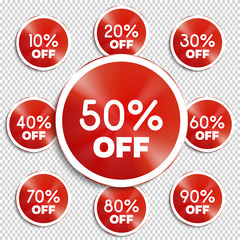 Discount banners. Vector illustration.  -10% -20% -30% -40% -50% -60% -70% -80% -90% off icons.