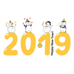 Hand drawn Happy New Year 2019 greeting card, banner template with cute funny cartoon penguins, snowmen on big numbers, celebrating, text. Isolated objects. Vector illustration. Design concept.