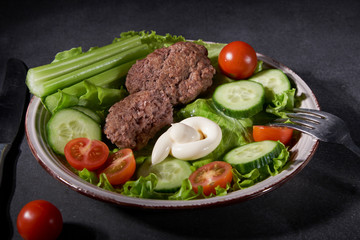 lunch meat bread Breakfast fried carrots organic, vegan and delicious salad tomato cucumber celery