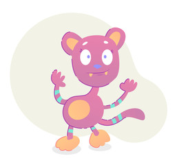 Fantastic Pink Cute Creature with striped hands,  legs and tail, small canines, illustration in flat modern design