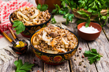 Traditional buckwheat porridge with meat