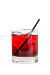 Monochrome transparent cocktail, refreshing in a low glass with a lot of ice cubes with taste of berries, cherries, strawberries, grapefruit with a straw. Side view Isolated white background
