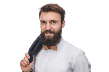 Stylish gentleman with beard on white