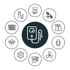 science, education Infographic Circle outline Icons Set. Contains such Icons as  earth,  spacecraft, pulley,  book,  electricity,  studying,  sign,  danger and more. ..Fully Editable. Pixel Perfect..