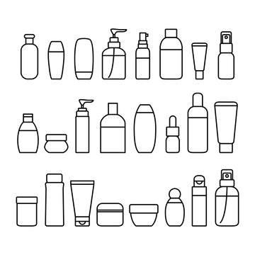 Cosmetic Bottles Signs Black Thin Line Icon Set. Vector