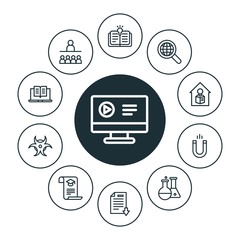 science, education Infographic Circle outline Icons Set. Contains such Icons as stipend,  web,  science,  magnetism,  field,  student,  ebook,  research and more. ..Fully Editable. Pixel Perfect..