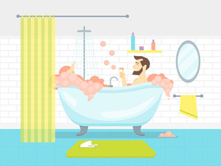 Cartoon Man in Bathroom Bathtub with Foam Card Poster. Vector
