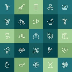 Modern Simple Set of health, science, nature Vector outline Icons. ..Contains such Icons as  laboratory,  chemical,  dish, thermometer and more on green background. Fully Editable. Pixel Perfect.