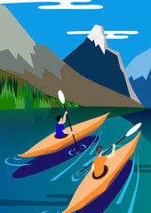 Kayakers float on the lake, mountains background, nature, peace and serenity. Vector illustration poster.