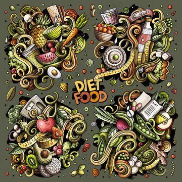 Vector doodles cartoon set of Diet food combinations of objects and elements