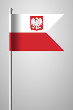 Flag of Poland with Eagle. National Flag on Flagpole. Isolated Illustration on Gray