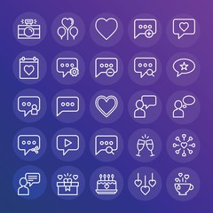 Modern Simple Set of chat and messenger, valentine Vector outline Icons. ..Contains such Icons as cup,  holiday,  vector,  drink,  heart and more on gradient background. Fully Editable. Pixel Perfect.