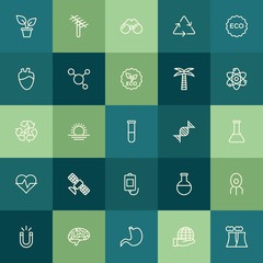 Fototapeta premium Modern Simple Set of health, science, nature Vector outline Icons. ..Contains such Icons as sun, symbol, virus, dish, home, brain and more on green background. Fully Editable. Pixel Perfect.