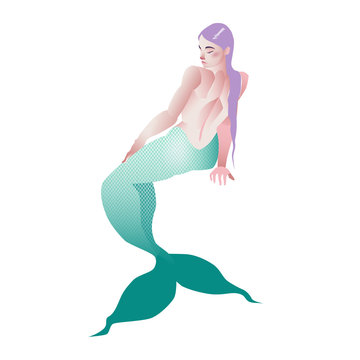 Mermaid isolated on white background. Vector illustration. Cutout object. Fantastic creature. Green tail and purple hair.