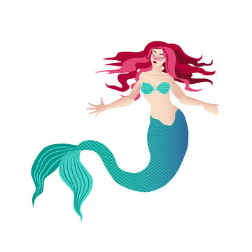 Mermaid isolated on white background. Vector illustration. Cutout object. Fantastic creature. Green tail and red hair.