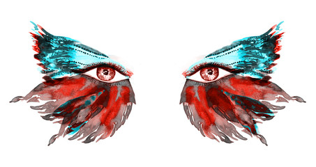 Red fairy eyes with makeup, red and green turquoise wings of butterfly shape eyeshadows, hand painted watercolor fashion illustration isolated on white background